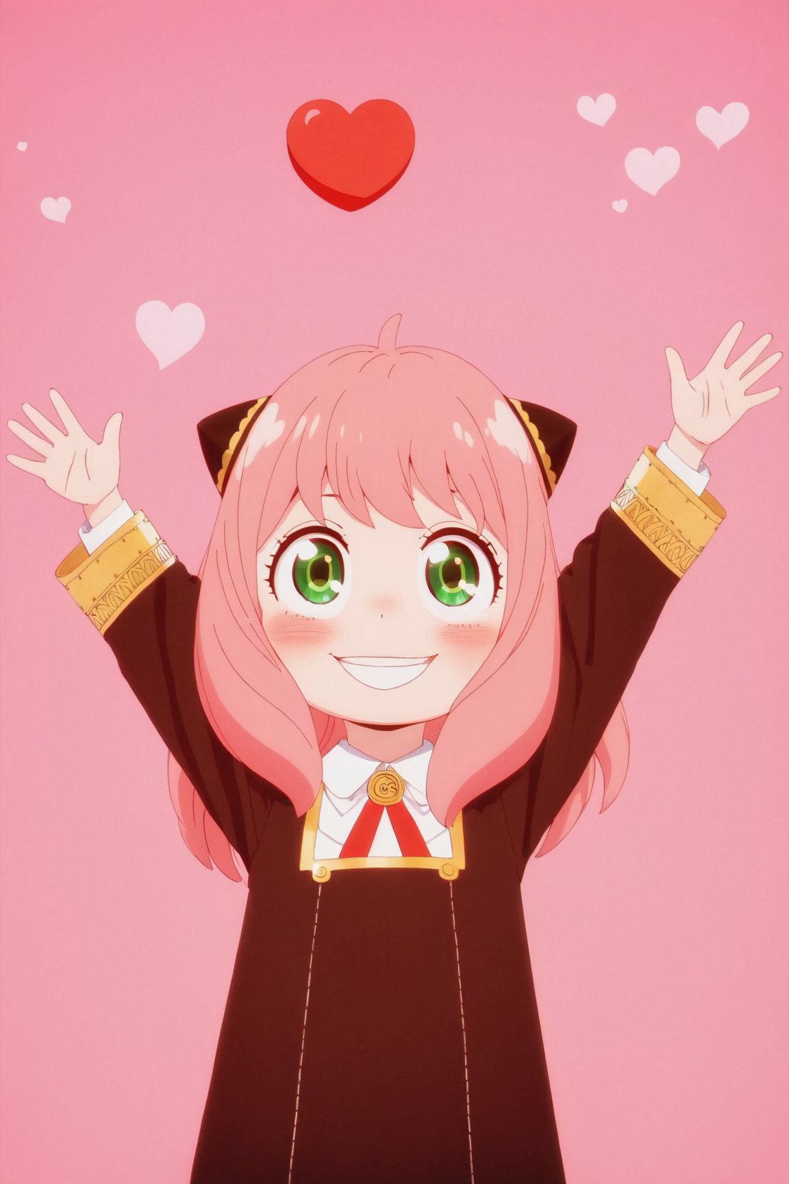 spy x family,  cute tiny, anya forger 1girl, solo, blush, smile, bangs, shirt, long sleeves, closed mouth, school uniform, green eyes, upper body, pink hair, ahoge, heart, medium hair, pink background, outstretched arms, child, meme, female child, heart background, eden academy school uniform, anya (spy x family) spy x family,  cute tiny, anya forger