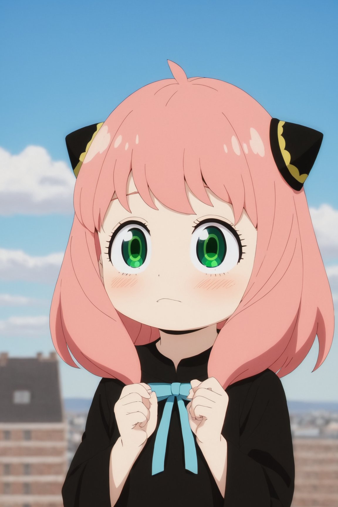 spy x family,  cute tiny, anya forger 1girl, solo, blush, bangs, long sleeves, dress, closed mouth, green eyes, collarbone, upper body, pink hair, ahoge, outdoors, sky, day, medium hair, sweatdrop, black dress, blue sky, looking to the side, looking away, half-closed eyes, building, child, clenched hands, meme, female child, hairpods, anya (spy x family) spy x family,  cute tiny, anya forger