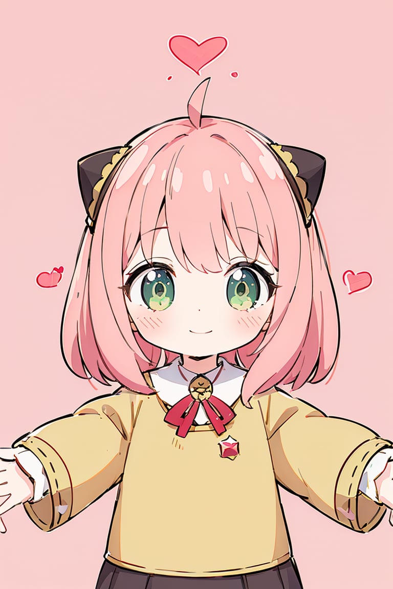 spy x family, cute tiny, anya forger 1girl, solo, blush, smile, bangs, shirt, long sleeves, closed mouth, school uniform, green eyes, upper body, pink hair, ahoge, heart, medium hair, pink background, outstretched arms, child, meme, female child, heart background, eden academy school uniform, anya (spy x family) spy x family, cute tiny, anya forger