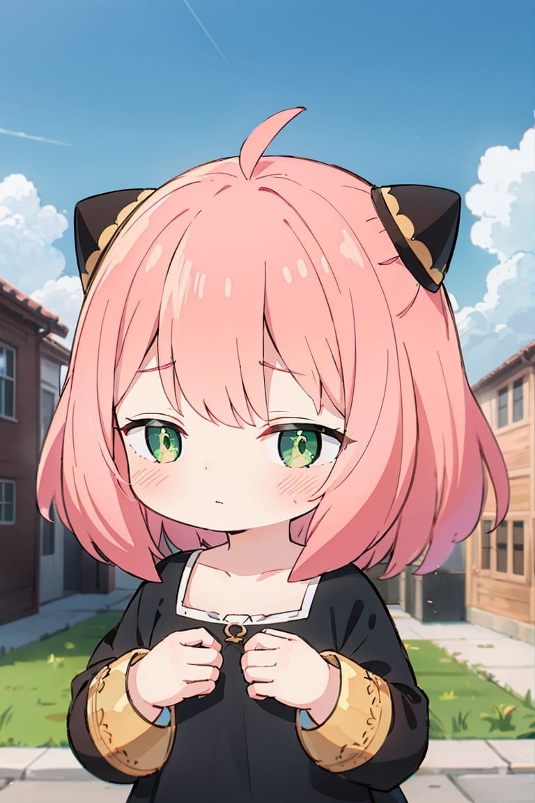 spy x family, cute tiny, anya forger 1girl, solo, blush, bangs, long sleeves, dress, closed mouth, green eyes, collarbone, upper body, pink hair, ahoge, outdoors, sky, day, medium hair, sweatdrop, black dress, blue sky, looking to the side, looking away, half-closed eyes, building, child, clenched hands, meme, female child, hairpods, anya (spy x family) spy x family, cute tiny, anya forger