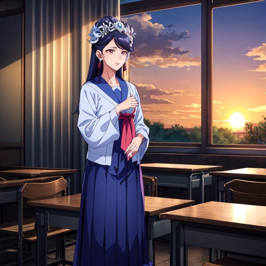 <lora:Lihua002:0.7>,<lora:add_detail:0.4>,Lihua,1woman,serafuku,pleated_skirt,classroom,sunset,