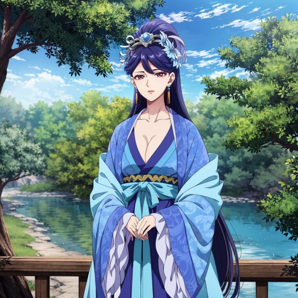 <lora:Lihua002:0.7>,<lora:add_detail:0.4>,Lihua,1woman,cleavage,hanfu,shawl,lake,morning sun,