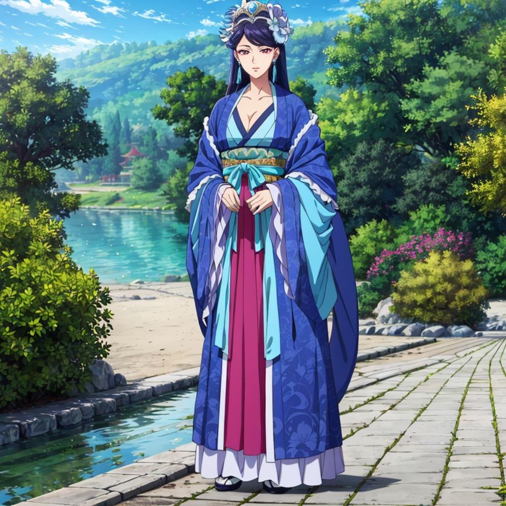 <lora:Lihua002:0.7>,<lora:add_detail:0.4>,Lihua,1woman,cleavage,hanfu,shawl,full body,lake,morning sun,