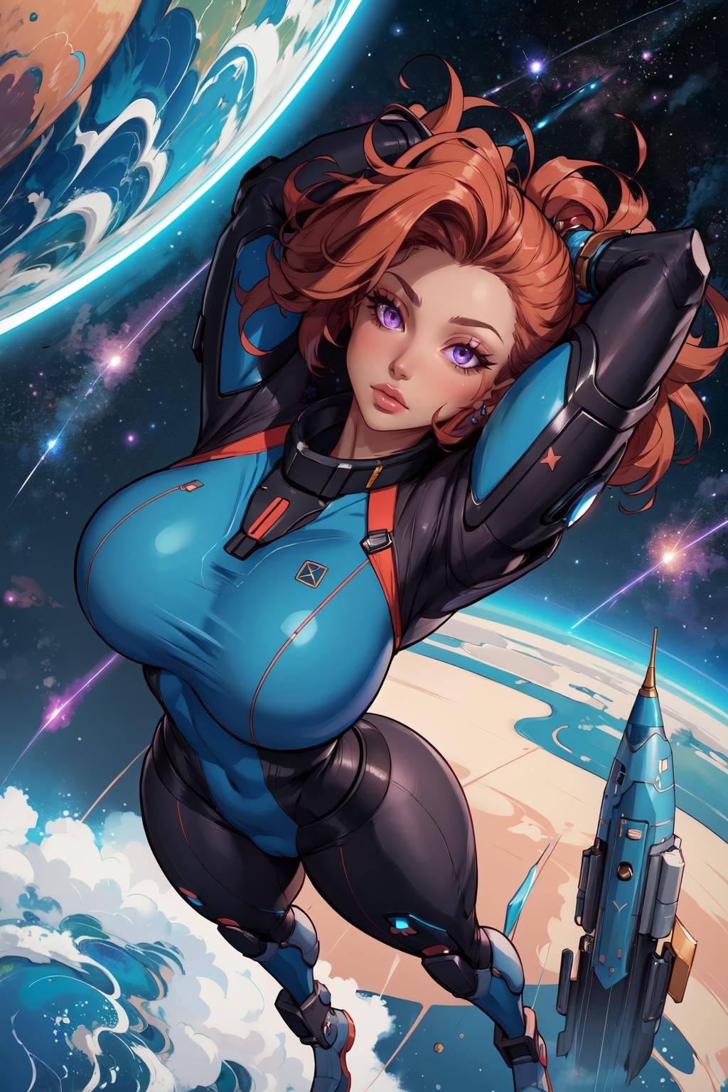 (masterpiece,best quality,absurdres,beautiful,aesthetic,detailed),science fiction,from above,fisheye lens,1girl,curvy woman in power armor flying through space,abstract background,space,planets,stars,nebula,dynamic pose,