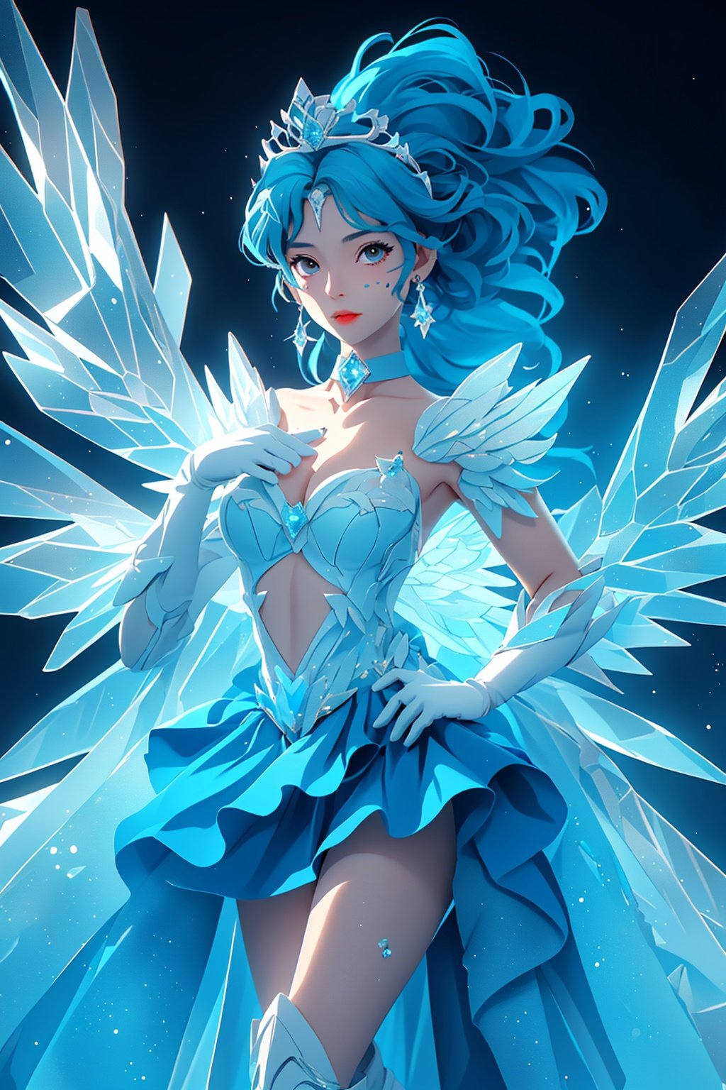  1girl,,,,,,mer1,(tiara:1.3),sailor senshi uniform,blue sailor collar,bow,knee boots,choker,white gloves,blue choker,elbow gloves,jewelry,earrings,blue skirt,detailed background,,(detailed light),looking_at_viewer,,beautiful detailed glow,detailed ice,beautiful detailed water,((ice crystal texture wings)),fantasy,