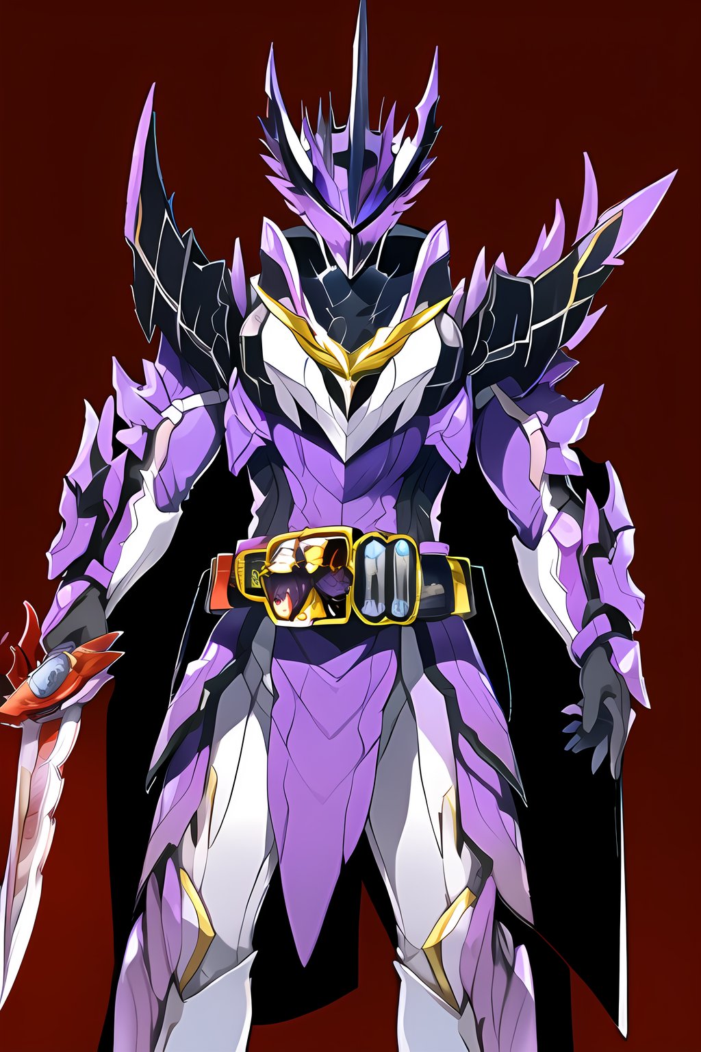  black eyes, purple armor, holding knife, helmet, belt, tokusatsu