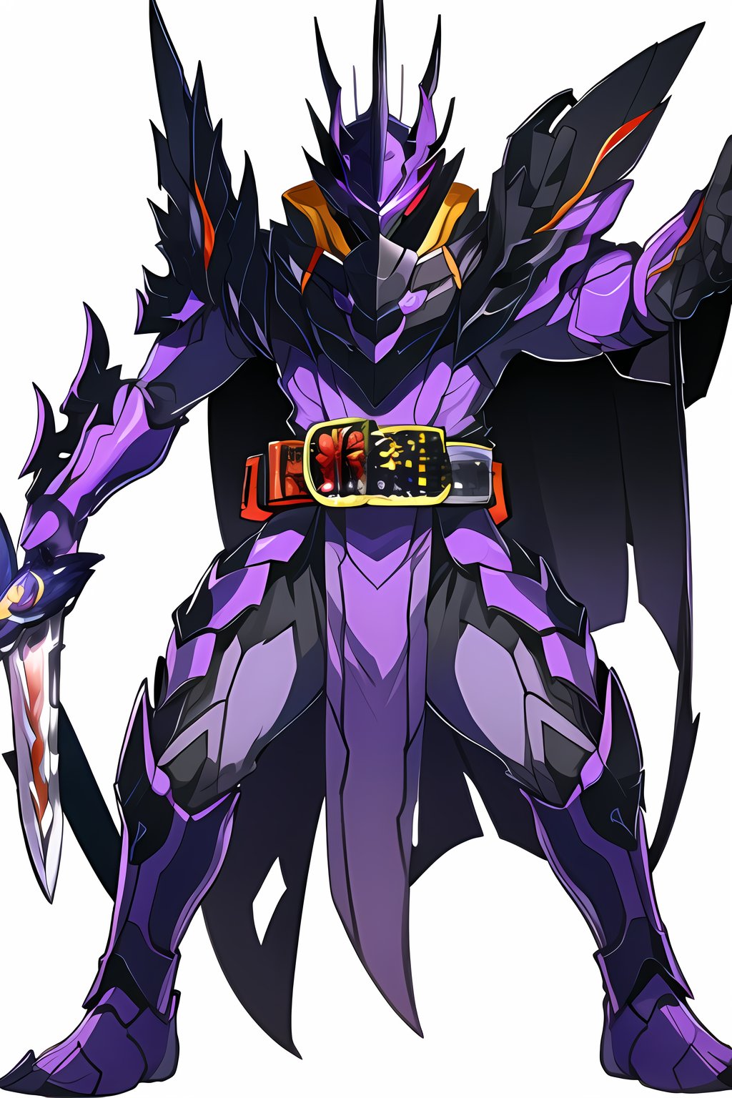  black eyes, purple armor, holding knife, helmet, belt, tokusatsu