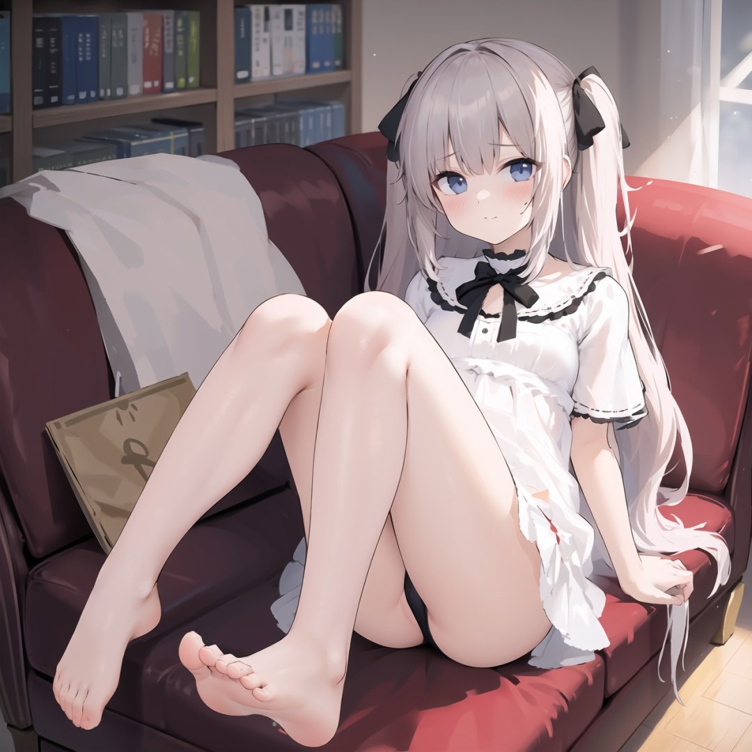 masterpiece, best_quality, highly_detailed, highres, solo, 1girl, solo_focus, full_body, from_above, lying, knees_together_feet_apart,feet_out_of_frame, on_couch, looking_at_viewer, small_breasts, long_hair, lolita_fashion, ribbon, hair_ornament, library