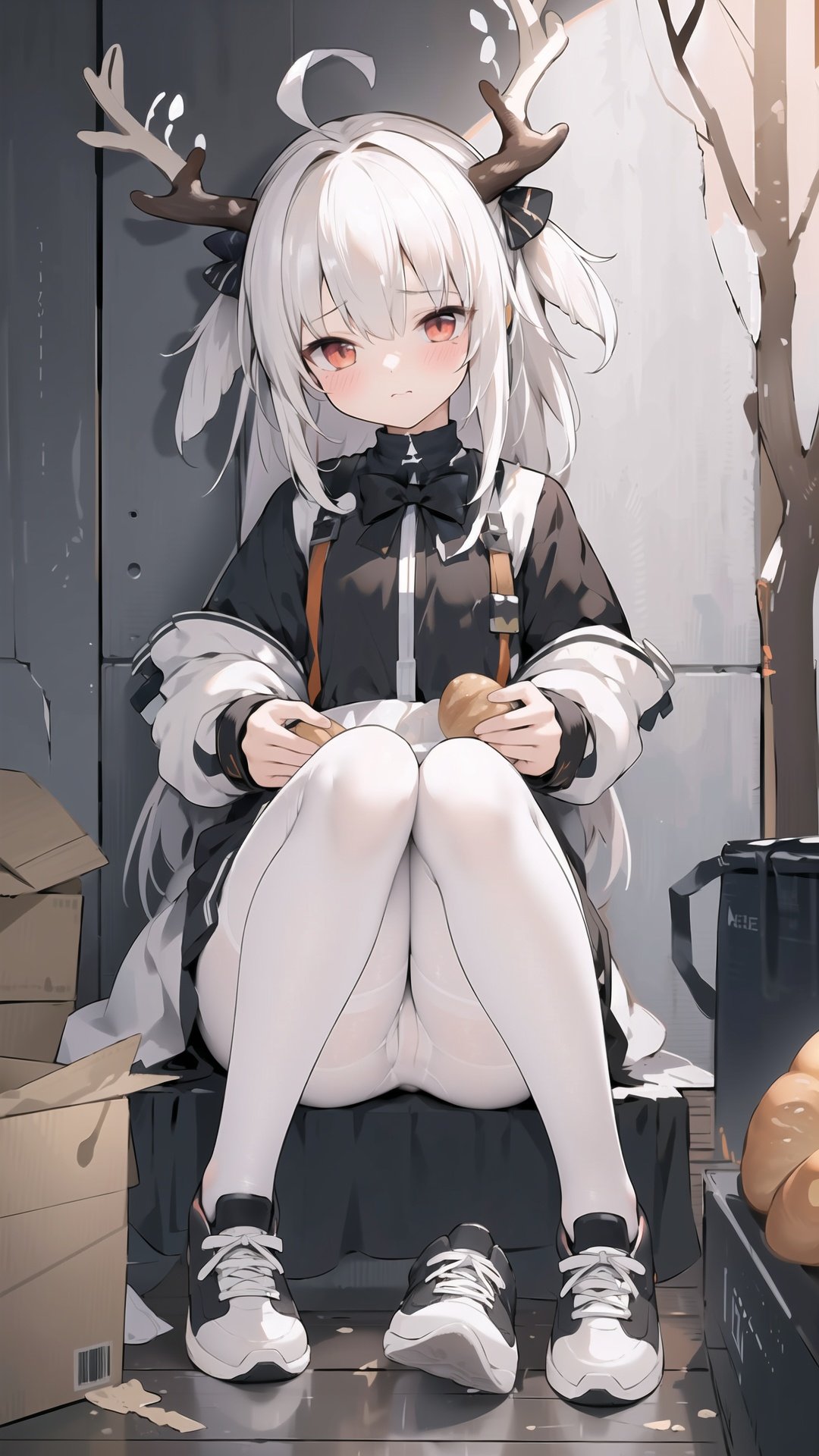 ((masterpiece)), (((best quality))), ((ultra-detailed)), ((illustration)), (((1girl))),arknights,(bread), white hair,black pantyhose,high-top sneaker ,antlers,((bow)),ahoge,blush