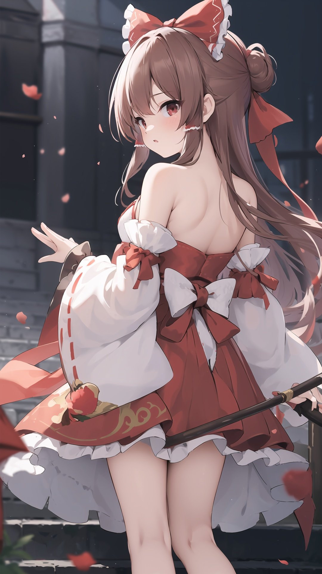 finely detail, Depth of field,(((masterpiece))),((extremely detailed CG unity 8k wallpaper)),best quality, high resolution illustration,Amazing,intricate detail,(best illumination, best shadow, an extremely delicate and beautiful),
hakurei_reimu, detached_sleeves, hair_tubes, 1girl, bow, ribbon-trimmed_sleeves, blurry, ribbon_trim, red_bow, petals, hair_bow, solo, long_hair, barefoot, brown_hair, blurry_background, depth_of_field, looking_back, skirt, stairs, red_skirt, wide_sleeves, looking_at_viewer, brown_eyes, frilled_bow, blurry_foreground, bare_shoulders, sarashi, miko, frills, standing, from_behind