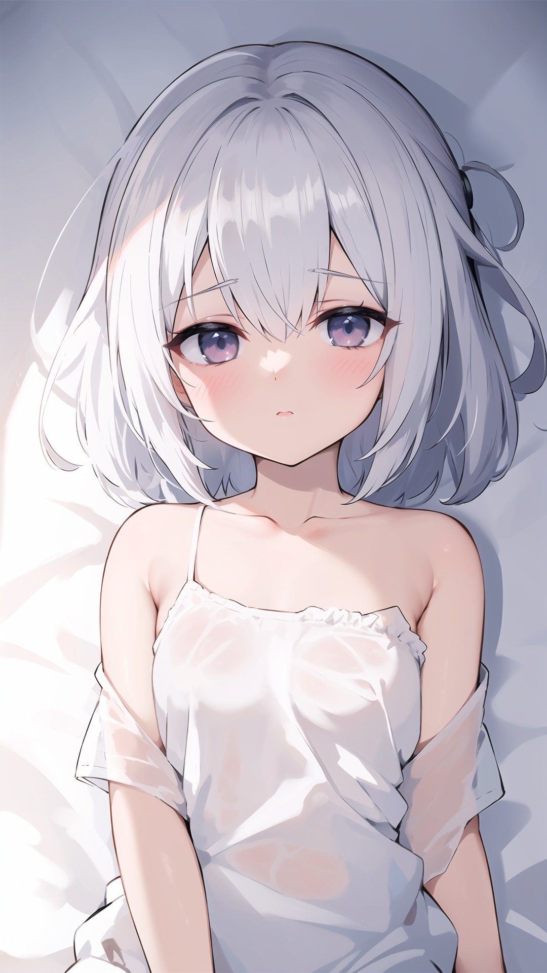 Half portrait, white gold hair, girl, white shirt open, hair clip, wet body, bed, light and shadow,Sxxx , Yxxx and Kxxx,4k, sharp high quality anime, artstation