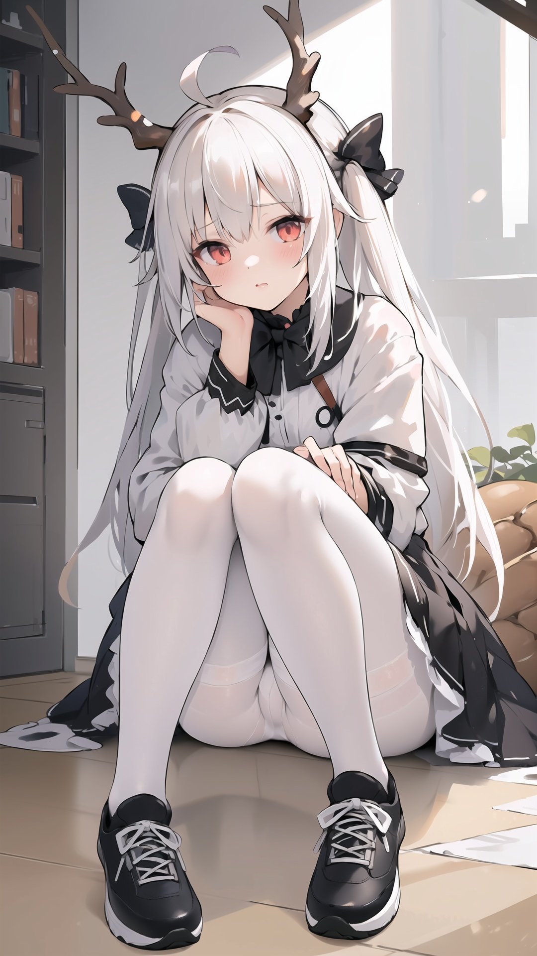 ((masterpiece)), (((best quality))), ((ultra-detailed)), ((illustration)), (((1girl))),arknights,(bread), white hair,black pantyhose,high-top sneaker ,antlers,((bow)),ahoge,blush