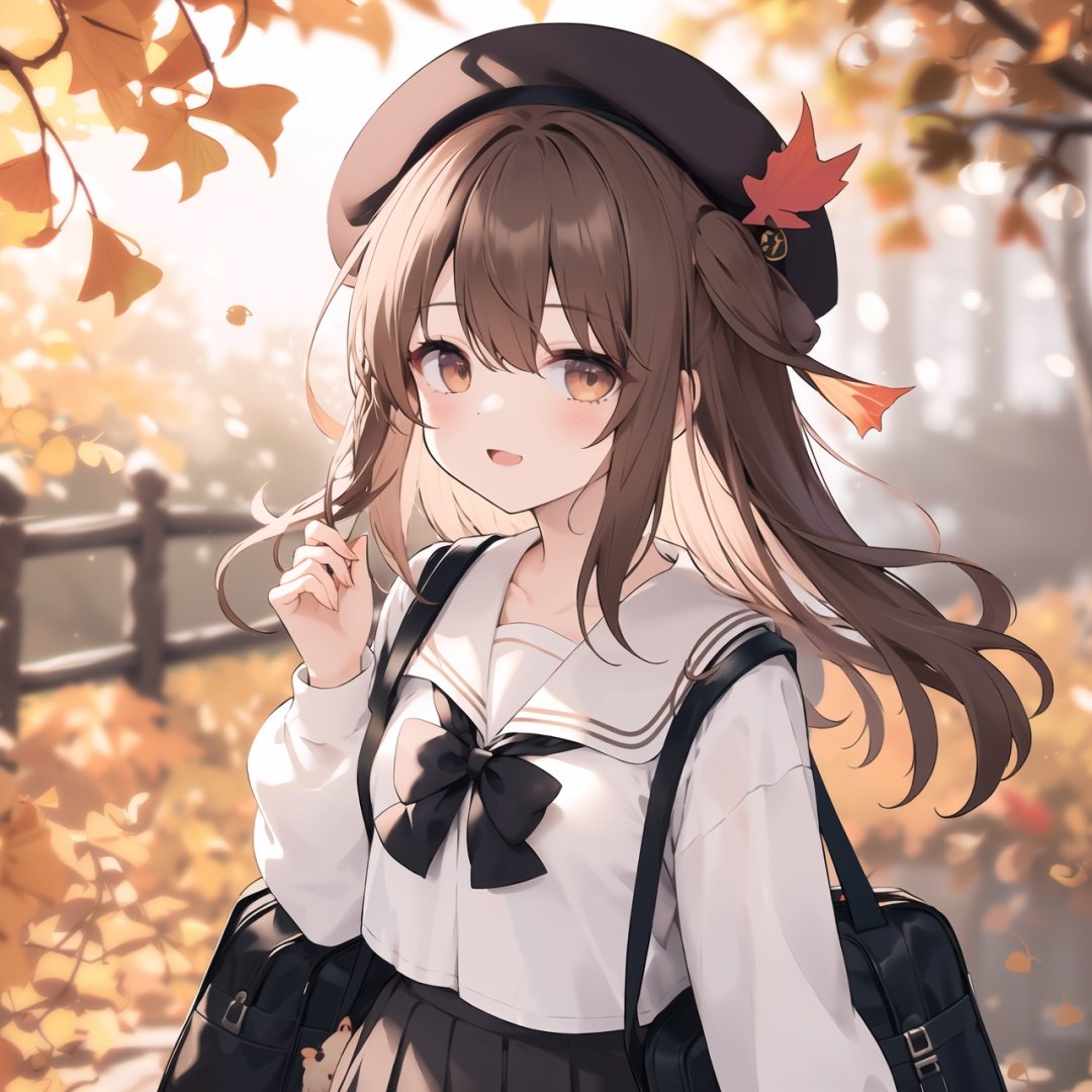 1girl, skirt, sailor collar, holding, smile, pleated skirt, hat, school uniform, solo, camera, long hair, off shoulder, shirt, bag, brown eyes, blurry, :d, bangs, serafuku, black sailor collar, holding camera, black skirt, autumn leaves, white headwear, white shirt, leaf, long sleeves, open clothes, open mouth, puffy long sleeves, blush, looking at viewer, ginkgo leaf, animal, blurry foreground, depth of field, cardigan, animal on shoulder, squirrel, blurry background, bow, beret, brown hair, black bow, puffy sleeves, open cardigan, hair between eyes, autumn, shoulder bag, hair ribbon, ribbon, white cardigan, maple leaf, outdoors, collarbone, falling leaves