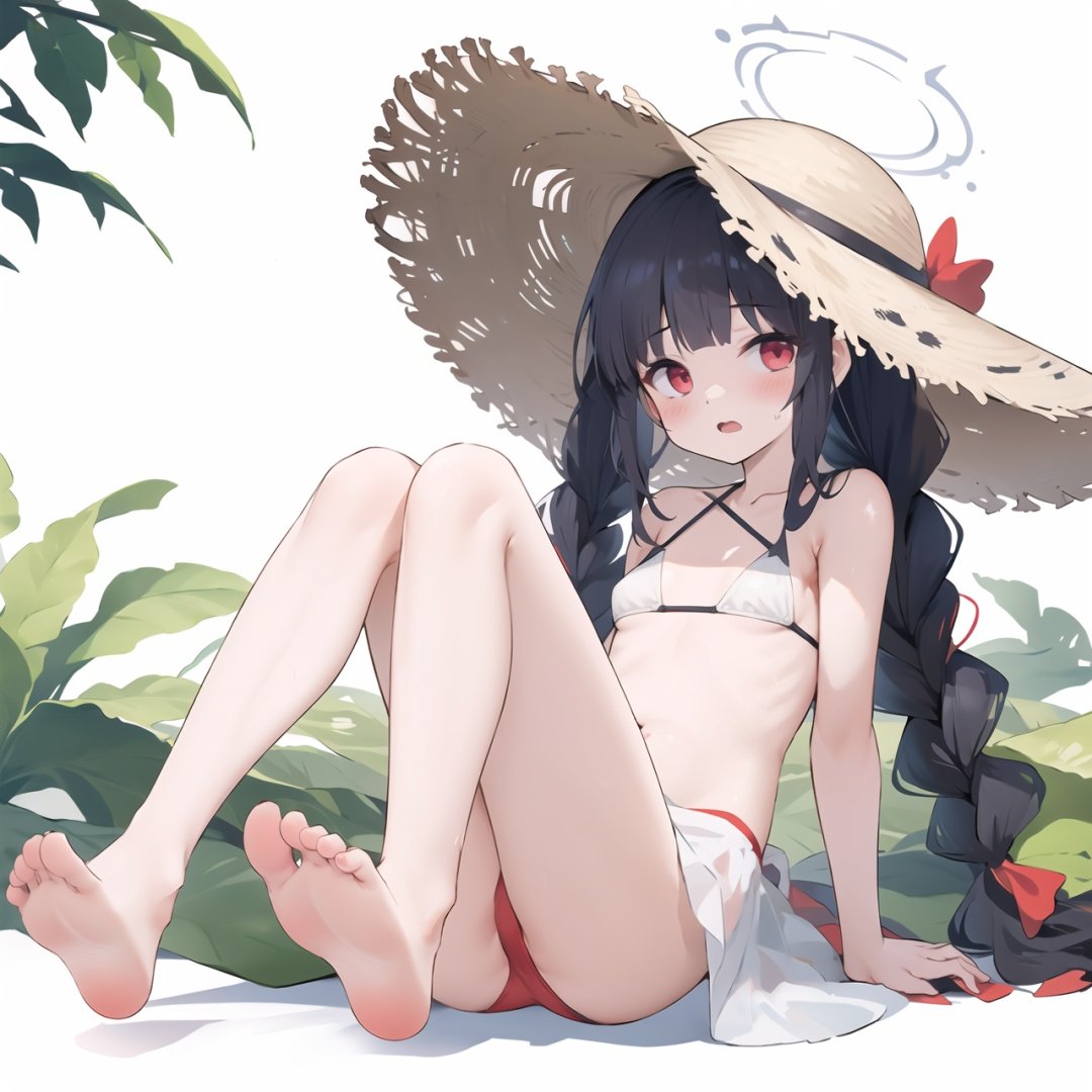 1girl, red eyes, hat, solo, swimsuit, halo, feet, toes, black hair, barefoot, miyu (blue archive), bikini, soles, braid, long hair, sitting, twin braids, Green leaves,white background, looking at viewer, straw hat, simple background, open mouth, white bikini, leaf, blush, bare legs, bangs, small breasts, twintails, full body