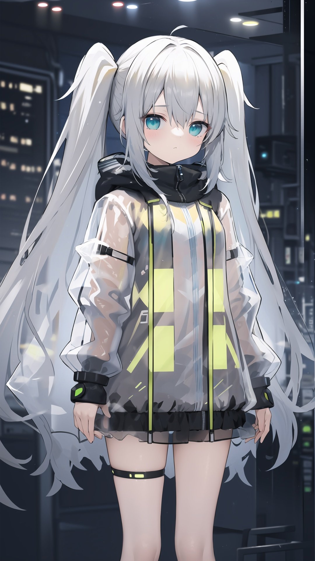 sci-fi girl, (disheveled hair), very long grey blue hair, twintails, mignon, above waist, detailed cute eyes,
(transparent raincoat), (transparent plastic cloak), long cyber hooded jacket, red led, green led, yellow led,