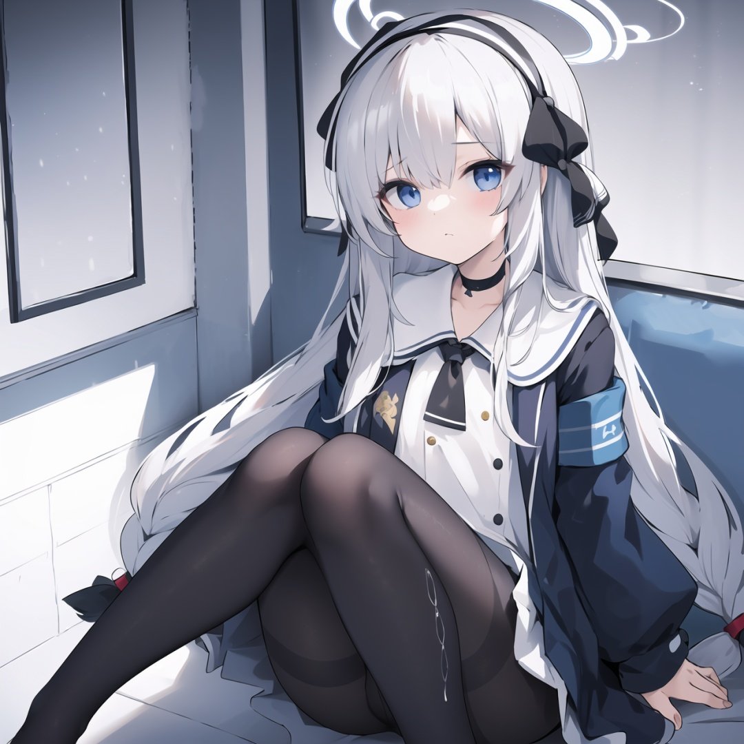 1girl, solo, long hair, hairband, pantyhose, braid, halo, choker, jacket, hair over one eye, arona (blue archive), looking at viewer, black jacket, blue eyes, sailor collar, ribbon, white hair, school uniform, black pantyhose, sitting, serafuku, hair ribbon, bangs