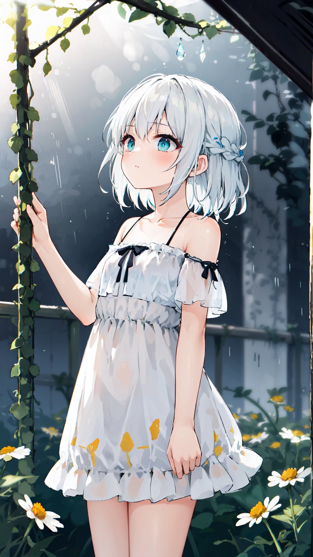 rain,dark,(((Chamomile))),Chamomile,cornflower,vines,forest,ruins,Blurred picture,lens flare,hdr,Tyndall effect,damp,wet,1girl,bare shoulders,Golden eyes,cold theme,broken glass,broken wall,aqua theme,white hair,blinking,white dress,closed mouth,constel lation,flat color,braid,blinking,white robe,float,closed mouth,constel lation,flat color,looking up,standing,medium hair,standing,solo,