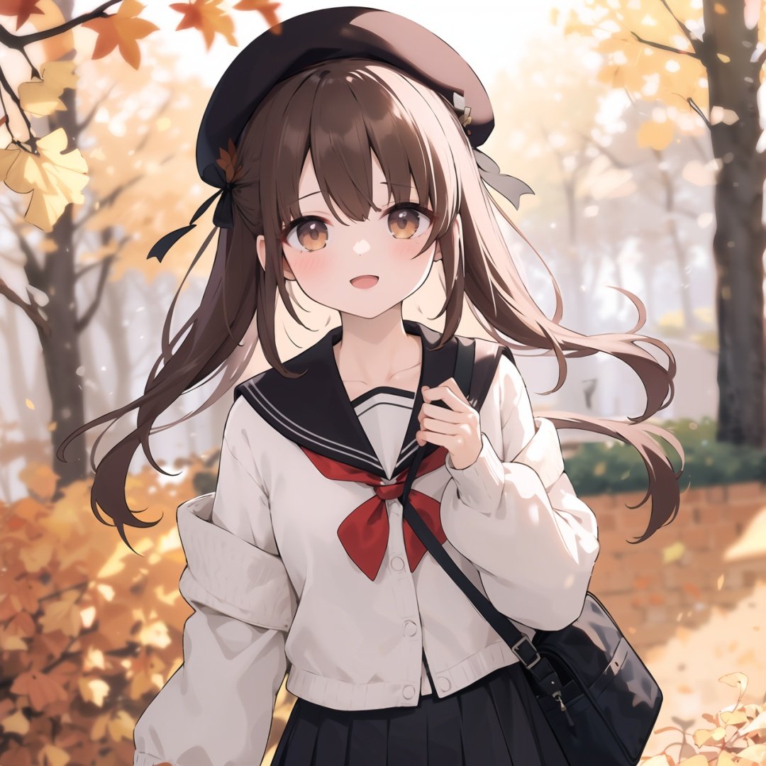 1girl, skirt, sailor collar, holding, smile, pleated skirt, hat, school uniform, solo, camera, long hair, off shoulder, shirt, bag, brown eyes, blurry, :d, bangs, serafuku, black sailor collar, holding camera, black skirt, autumn leaves, white headwear, white shirt, leaf, long sleeves, open clothes, open mouth, puffy long sleeves, blush, looking at viewer, ginkgo leaf, animal, blurry foreground, depth of field, cardigan, animal on shoulder, squirrel, blurry background, bow, beret, brown hair, black bow, puffy sleeves, open cardigan, hair between eyes, autumn, shoulder bag, hair ribbon, ribbon, white cardigan, maple leaf, outdoors, collarbone, falling leaves