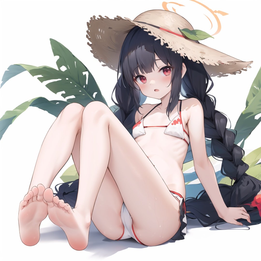 1girl, red eyes, hat, solo, swimsuit, halo, feet, toes, black hair, barefoot, miyu (blue archive), bikini, soles, braid, long hair, sitting, twin braids, Green leaves,white background, looking at viewer, straw hat, simple background, open mouth, white bikini, leaf, blush, bare legs, bangs, small breasts, twintails, full body