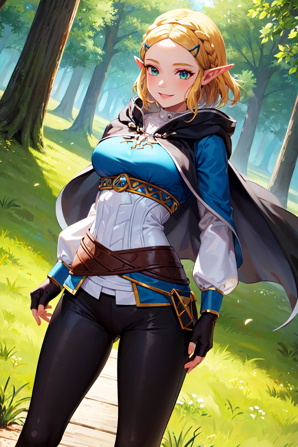 masterpiece, best quality, highres, aazelda, short hair, crown braid, hairclip, pointy ears, brown cape, blue shirt, puffy sleeves, long sleeves, fingerless gloves, black gloves, black pants, tight pants, <lora:zelda_1:0.7>, standing, cowboy shot, smile, outdoors, anal object insertion, 