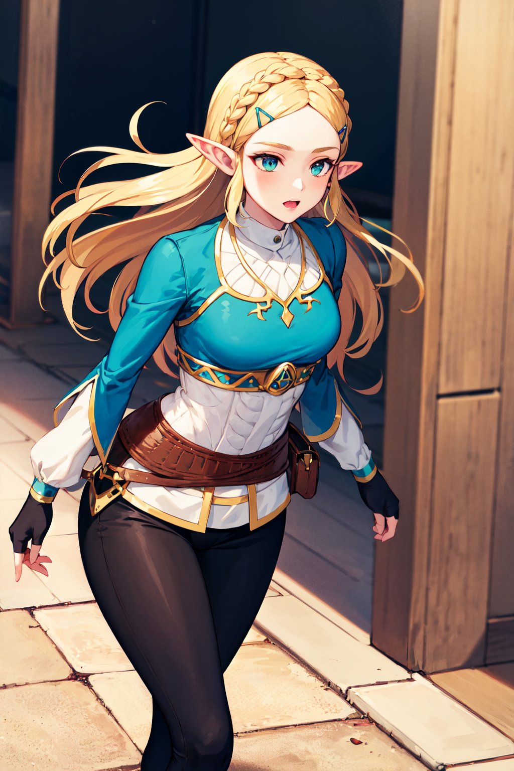 masterpiece, best quality, highres, aazelda, long hair, crown braid, hairclip, pointy ears, blue shirt, long sleeves, fingerless gloves, black gloves, black pants, tight pants, <lora:zelda_1:0.7>, walking, cowboy shot, town