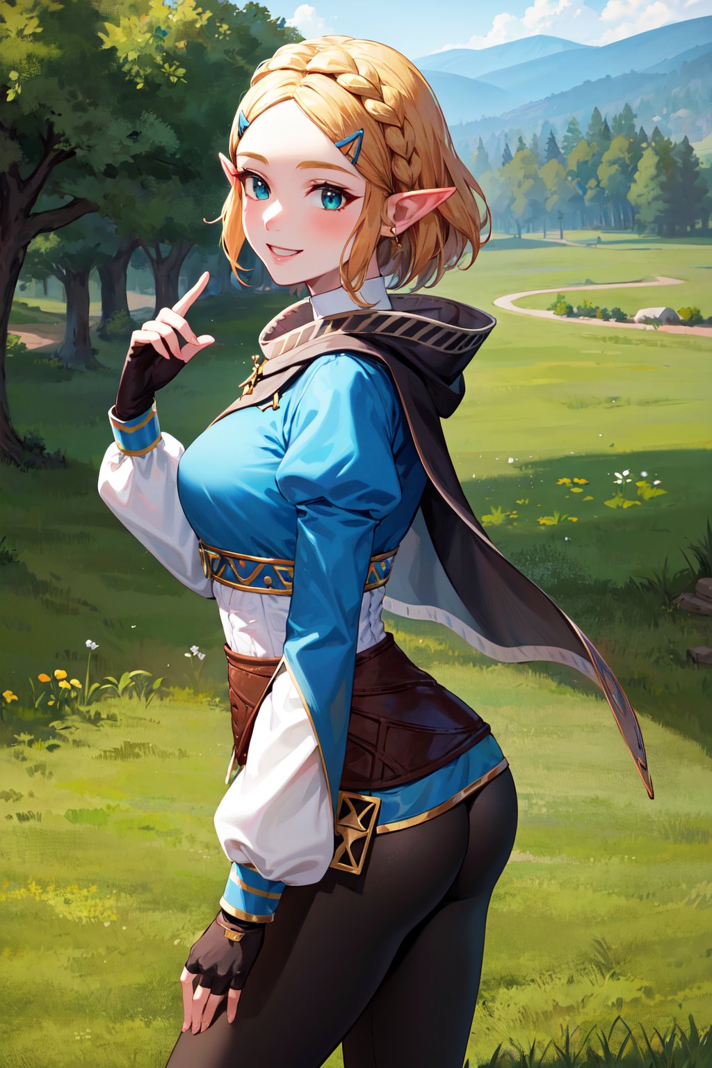 masterpiece, best quality, highres, aazelda, short hair, crown braid, hairclip, pointy ears, brown cape, blue shirt, puffy sleeves, long sleeves, fingerless gloves, black gloves, black pants, tight pants, <lora:zelda_1:0.7>, standing, cowboy shot, smile, outdoors, anal object insertion, 