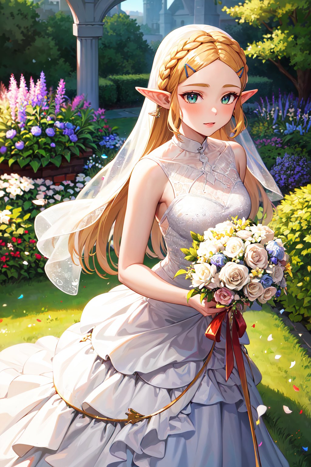 masterpiece, best quality, highres, aazelda, long hair, crown braid, hairclip, pointy ears, <lora:zelda_1:0.7>, wedding dress, garden, standing, holding bouquet, confetti, 