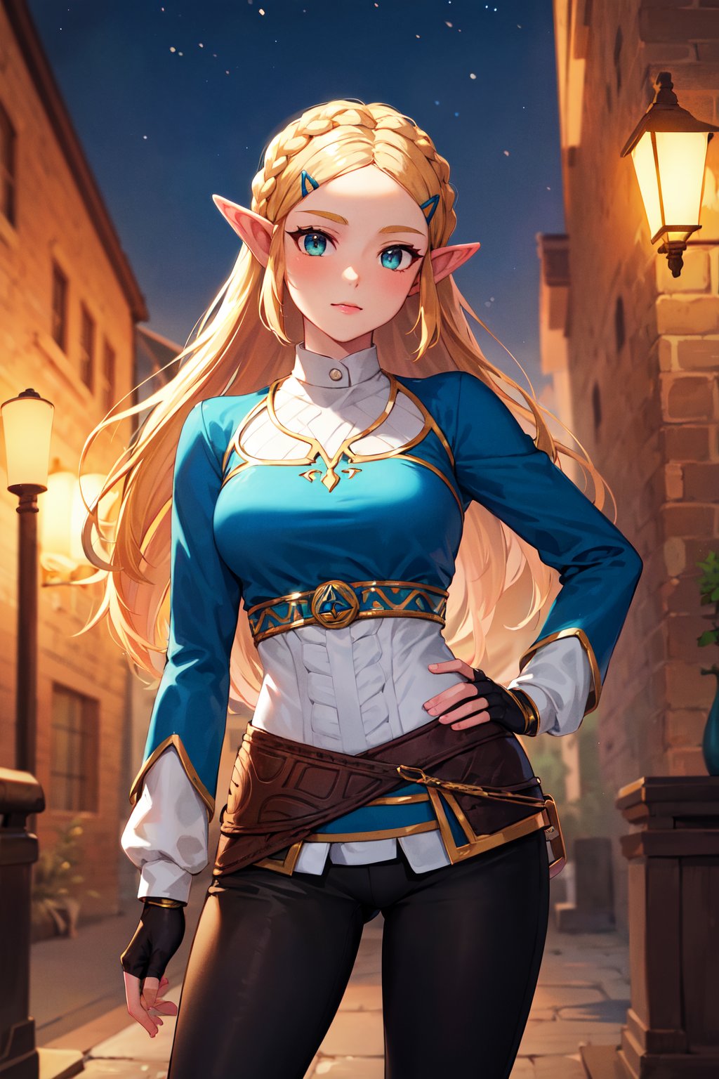 masterpiece, best quality, highres, aazelda, long hair, crown braid, hairclip, pointy ears, blue shirt, long sleeves, fingerless gloves, black gloves, black pants, tight pants, <lora:zelda_1:0.7>, night, standing, cowboy shot, outdoors, hand on hip, 