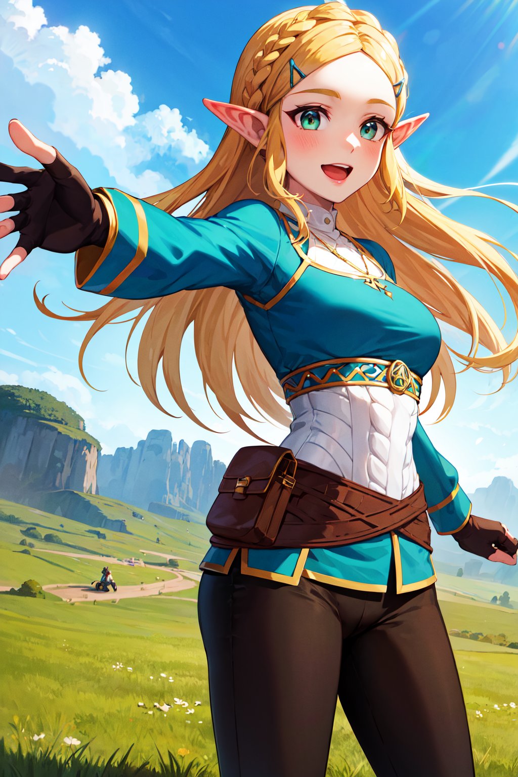 masterpiece, best quality, highres, aazelda, long hair, crown braid, hairclip, pointy ears, blue shirt, long sleeves, fingerless gloves, black gloves, black pants, tight pants, <lora:zelda_1:0.7>, standing, blue sky, smile, open mouth, outstretched arms, 