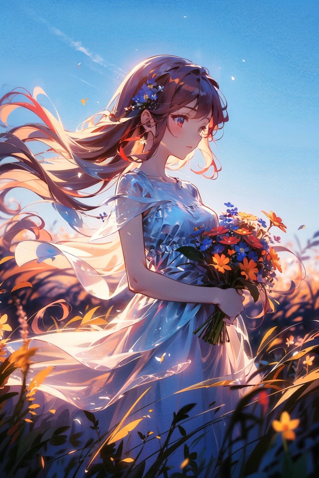  Best quality, 8k,cg,upper body, Create an image of an anime girl with bright red hair, wearing a sundress and holding a bouquet of wildflowers, standing in a field of tall grass with a soft breeze blowing through. The scene should capture the whimsical and carefree style of Sakimichan, with a sense of peace and tranquility in the air.