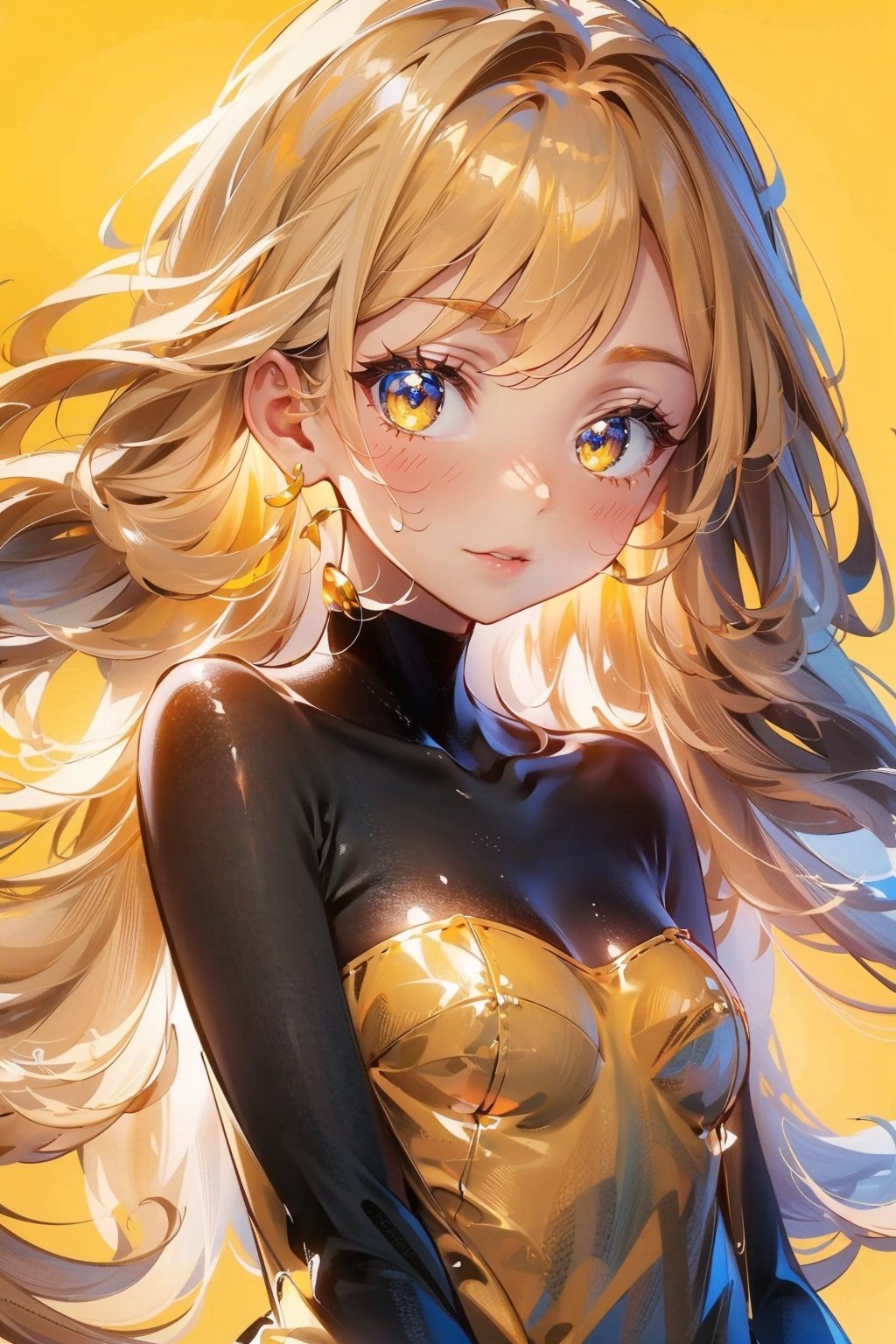  Best quality, 8k,cg,(masterpiece, high quality, highres,Highest picture quality), (Master's work),yellow background,dynamic Angle,Solid color background,Flat color,cute little girl,loli,solo,solo focus,detailed eyes,detailed face,shiny hair, shiny skin, shiny eyes, yellow hair,low twintails,collarbone, bare shoulders,yellow clothes, 