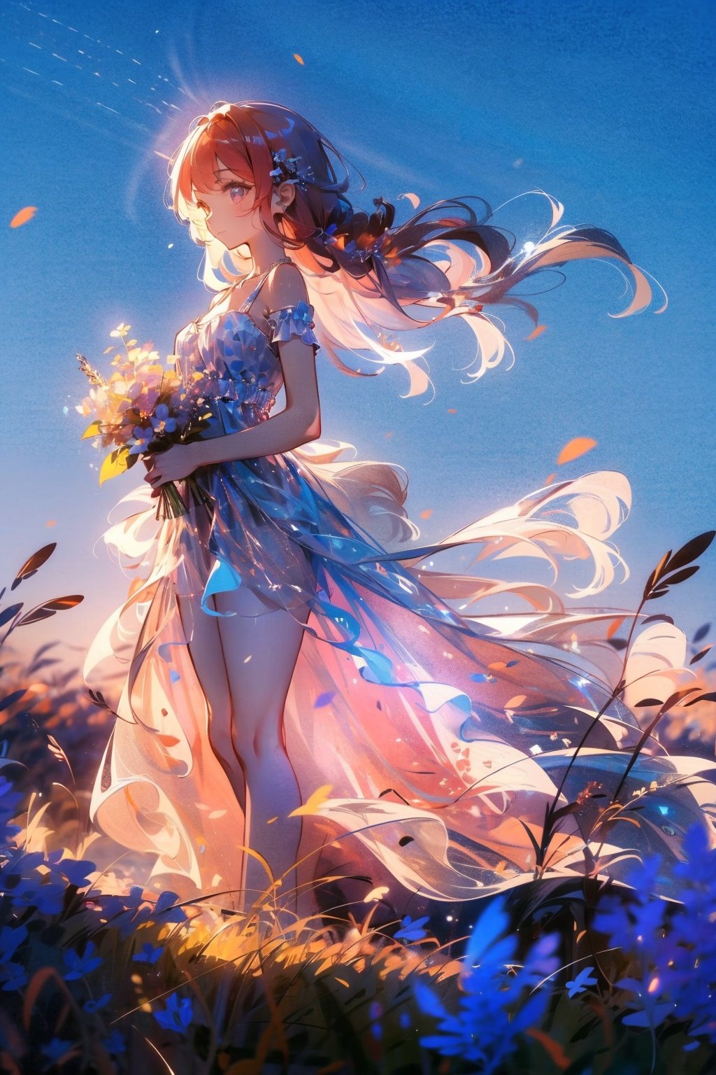  Best quality, 8k,cg,upper body, Create an image of an anime girl with bright red hair, wearing a sundress and holding a bouquet of wildflowers, standing in a field of tall grass with a soft breeze blowing through. The scene should capture the whimsical and carefree style of Sakimichan, with a sense of peace and tranquility in the air.,backlight