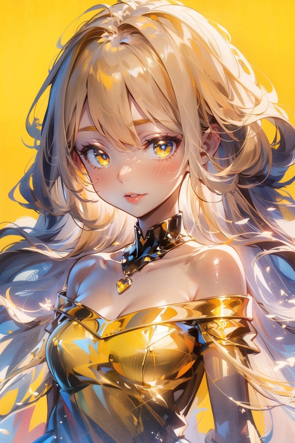  Best quality, 8k,cg,(masterpiece, high quality, highres,Highest picture quality), (Master's work),yellow background,dynamic Angle,Solid color background,Flat color,cute little girl,loli,solo,solo focus,detailed eyes,detailed face,shiny hair, shiny skin, shiny eyes, yellow hair,low twintails,collarbone, bare shoulders,yellow clothes, 