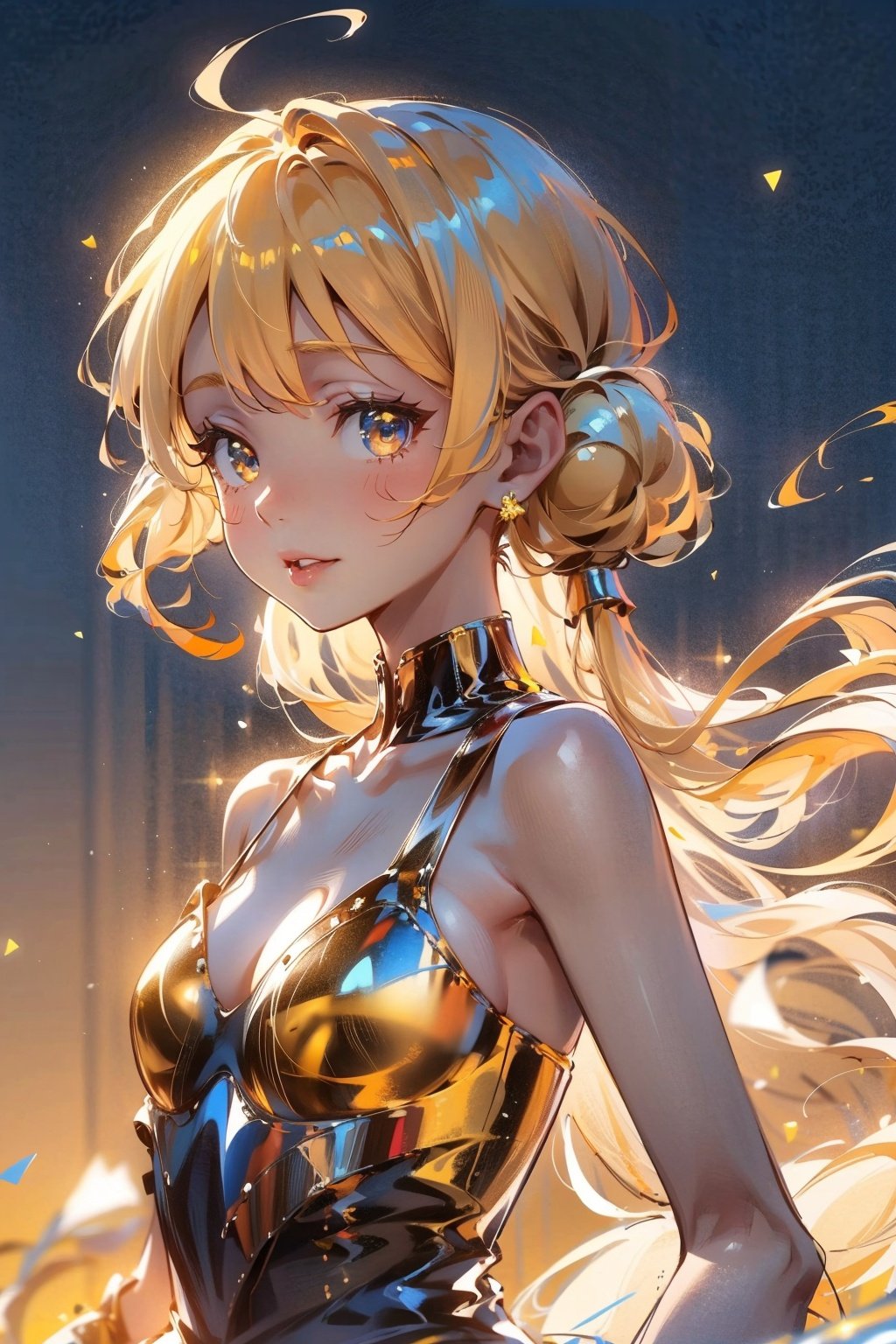  Best quality, 8k,cg,(masterpiece, high quality, highres,Highest picture quality), (Master's work),yellow background,dynamic Angle,Solid color background,Flat color,cute little girl,loli,solo,solo focus,detailed eyes,detailed face,shiny hair, shiny skin, shiny eyes, yellow hair,low twintails,collarbone, bare shoulders,yellow clothes, 