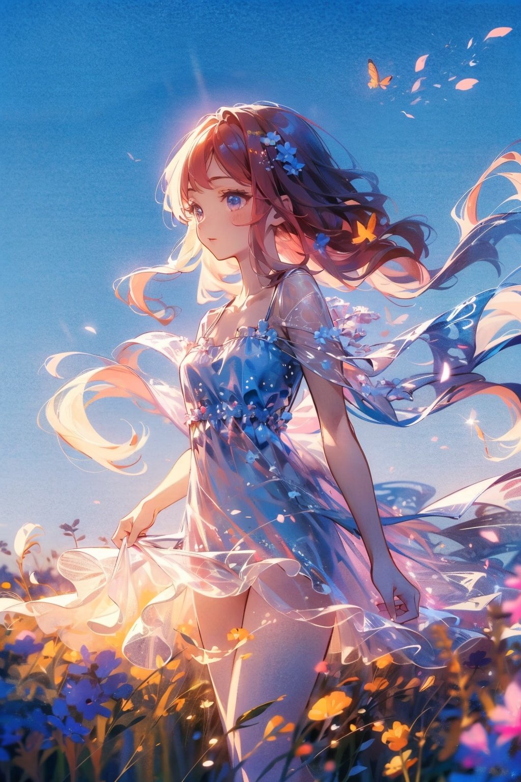  Best quality, 8k,cg,upper body, Create an image of an anime girl with bright red hair, wearing a sundress and holding a bouquet of wildflowers, standing in a field of tall grass with a soft breeze blowing through. The scene should capture the whimsical and carefree style of Sakimichan, with a sense of peace and tranquility in the air.,backlight