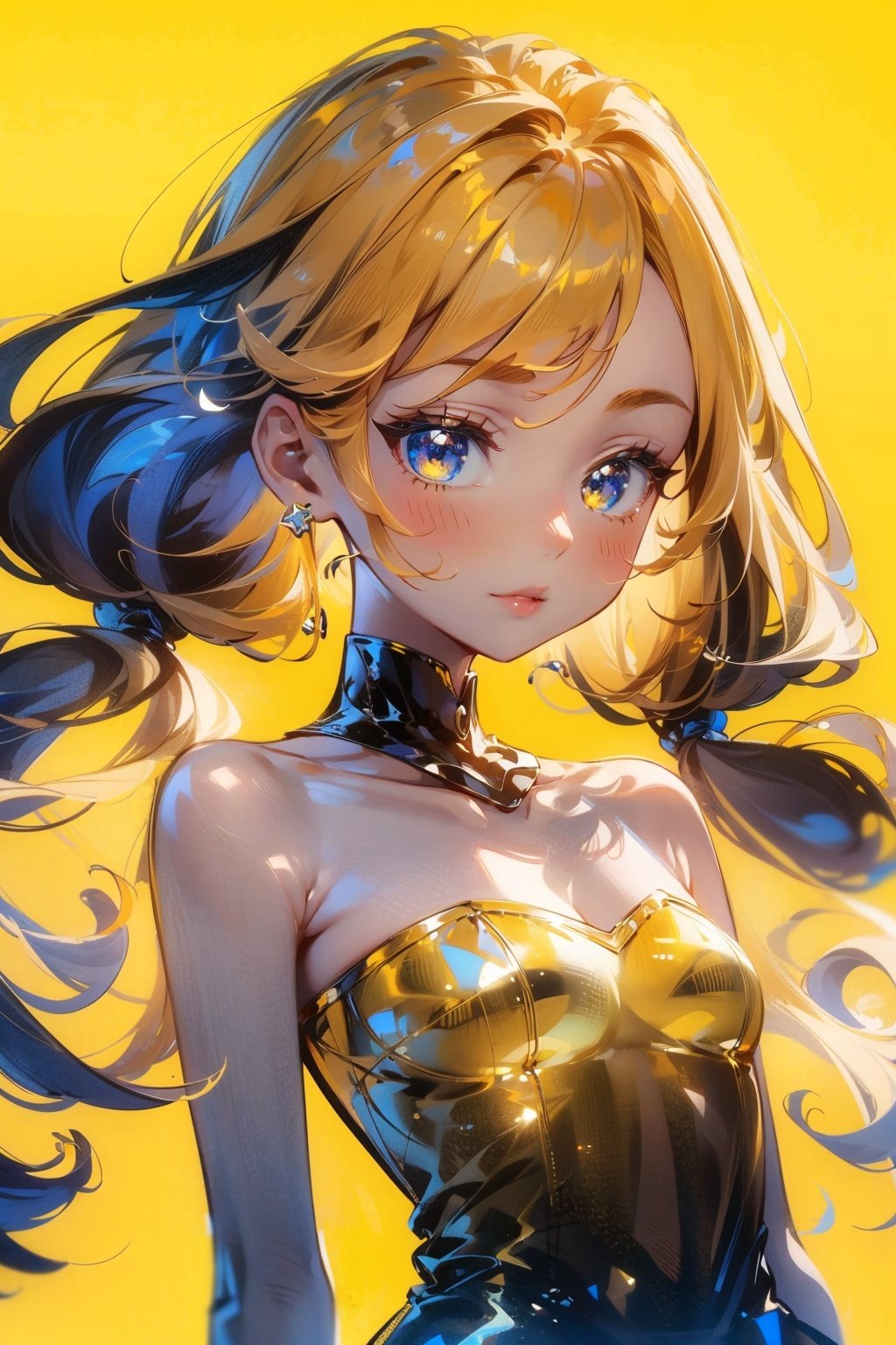  Best quality, 8k,cg,(masterpiece, high quality, highres,Highest picture quality), (Master's work),yellow background,dynamic Angle,Solid color background,Flat color,cute little girl,loli,solo,solo focus,detailed eyes,detailed face,shiny hair, shiny skin, shiny eyes, yellow hair,low twintails,collarbone, bare shoulders,yellow clothes, 