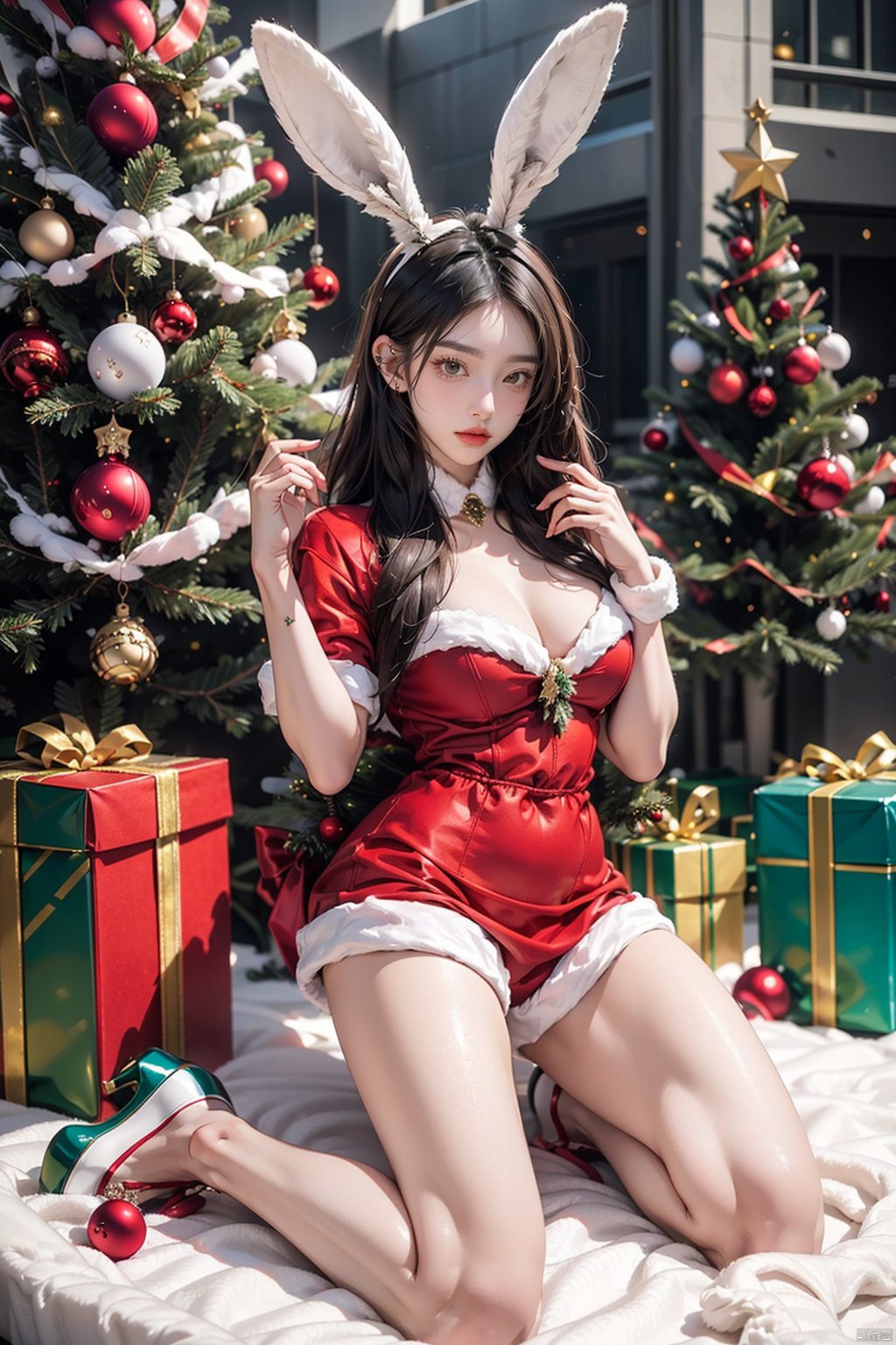  21yo girl, solo, kneel,look at the audience, full body, Wange_Hu_Christmas_dress, Christmas_dress,fake rabbit ears, Christmas, Christmas tree, Christmas ornaments, Christmas shoes,Outdoor, HUBG_Beauty_Girl