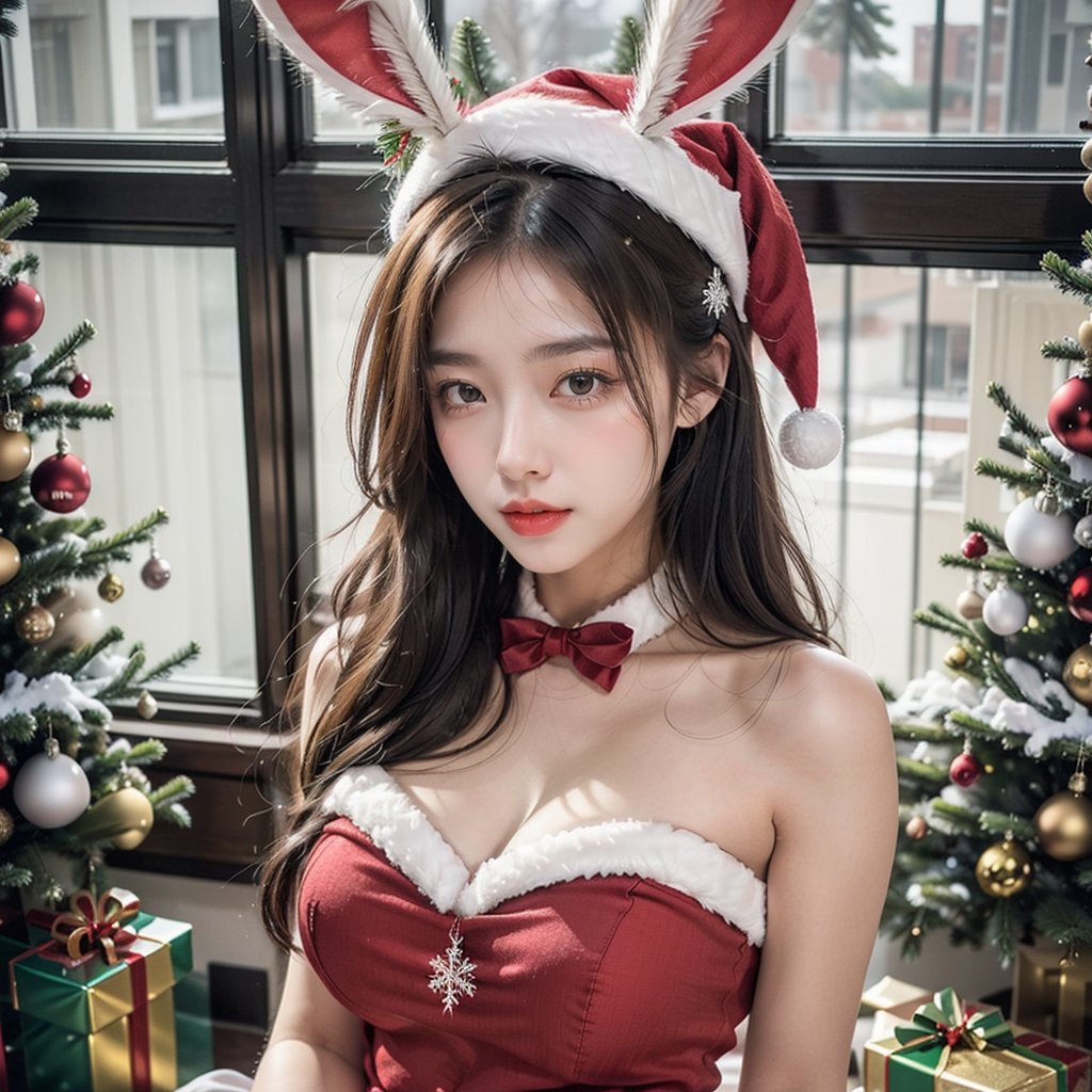  ((Birds view.)) 21yo girl, solo, looking at viewer, full body, Wange_Hu_Christmas_dress, Christmas_dress,fake rabbit ears, Christmas, Christmas tree, Christmas ornaments,