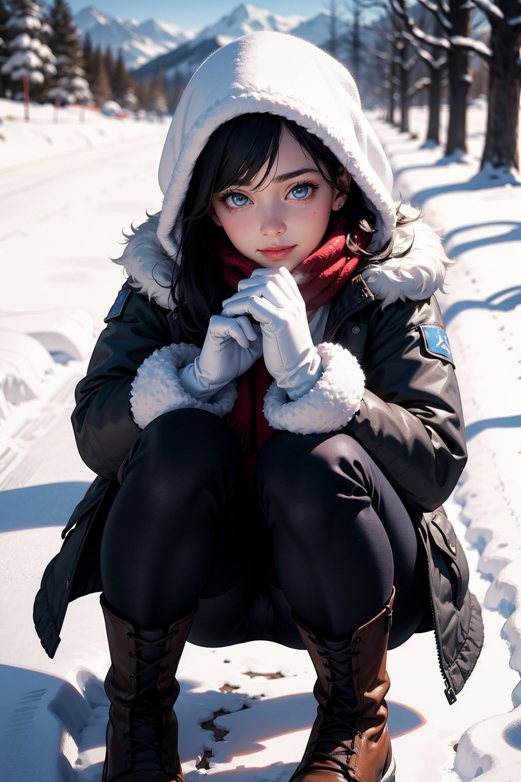 girl in a snowy landscape,winter coat,fluffy hood,white fur trim,breath visible in cold air,soft falling snowflakes,glistening snow on trees,icy blue eyes,warm gloves,red scarf wrapped snugly,boots with fur lining,frost-covered branches,gentle smile,rosy cheeks from cold,playful pose,snowy hills in background,distant snow-covered mountains,crisp winter sun,shadows on snow,tranquil winter scene,(best quality,4k,8k,highres,masterpiece:1.2),ultra-detailed,(realistic,photorealistic,photo-realistic:1.37),HDR,UHD,studio lighting,sharp focus,physically-based rendering,extreme detail description,professional,vivid colors,bokeh,