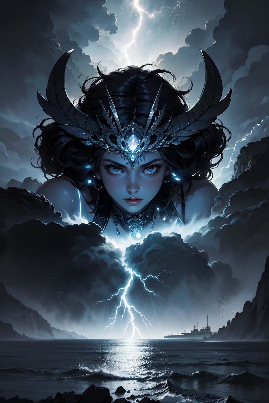 Thunder Deity,immense power,hovering above the sea,stormy ocean waves below,crackling lightning in fingertips,dramatic stormy clouds gathering,dynamic swirling winds,dark blue and grey color palette,ancient deity aura,lightning-shaped ornaments in hair,glowing aura of electricity,ornate gold and silver armor,commanding presence,eye of the storm backdrop,(best quality,4k,8k,highres,masterpiece:1.2),ultra-detailed,(realistic,photorealistic,photo-realistic:1.37),HDR,UHD,studio lighting,sharp focus,physically-based rendering,extreme detail description,professional,vivid colors,bokeh,