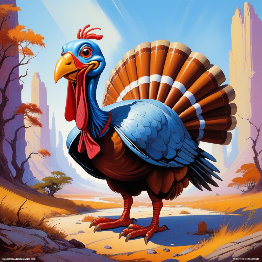 (Recycled Painting:1.3) of (Simple illustration:1.3),(Satisfying:1.3) <lora:tg23:0.6> funny cartoon of turkey on white background,(by Artist Vincent DiFate:1.3),(by Artist Carmine Infantino:1.3),(by Artist Bruce Pennington:1.3),(Abstract Expressionism:1.3),(Fauvism:1.3),(Neo-Expressionism:1.3)