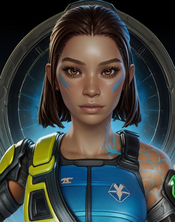 conduit,  brown hair,  brown eyes,  facial mark, shoulder tattoo,  vest, armor, bare shoulders,   upper body, science fiction,   base,  (insanely detailed, beautiful detailed face,beautiful detailed eyes, masterpiece, best quality),solo,  <lora:conduit:0.8>