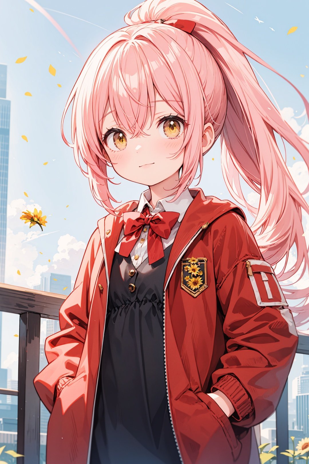  (best quality), ((masterpiece)), (highres),standing,original, extremely detailed wallpaper, (an extremely delicate and beautiful),(loli：1.2),(petite:1.2),Pink hair,Yellow eyes, (red Jacket),high ponytail,white collared shirt,hair flower,fipped hair,floating hair,Frown,hands in pockets,black dress,red bowtie,(solo),sky, skyline, skyscraper, smile, solo, sunflower, tower, upper_body,white flower