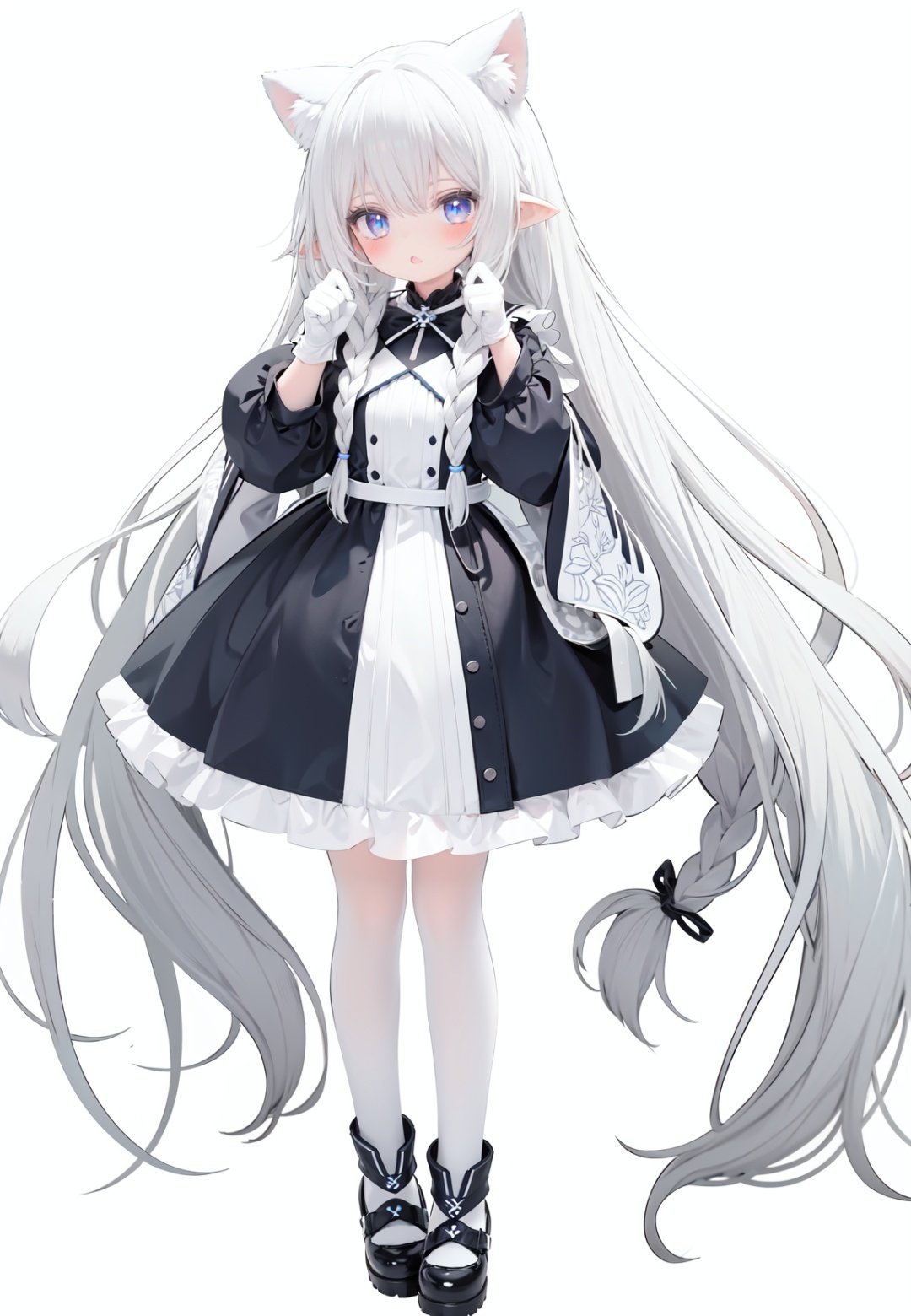  1girl, white_gloves, braid, full_body, gloves, long_hair, official_alternate_costume, pointy_ears, simple_background, solo, standing, very_long_hair, white_background, white hair, blue eyes, paw claw pose, open_mouth