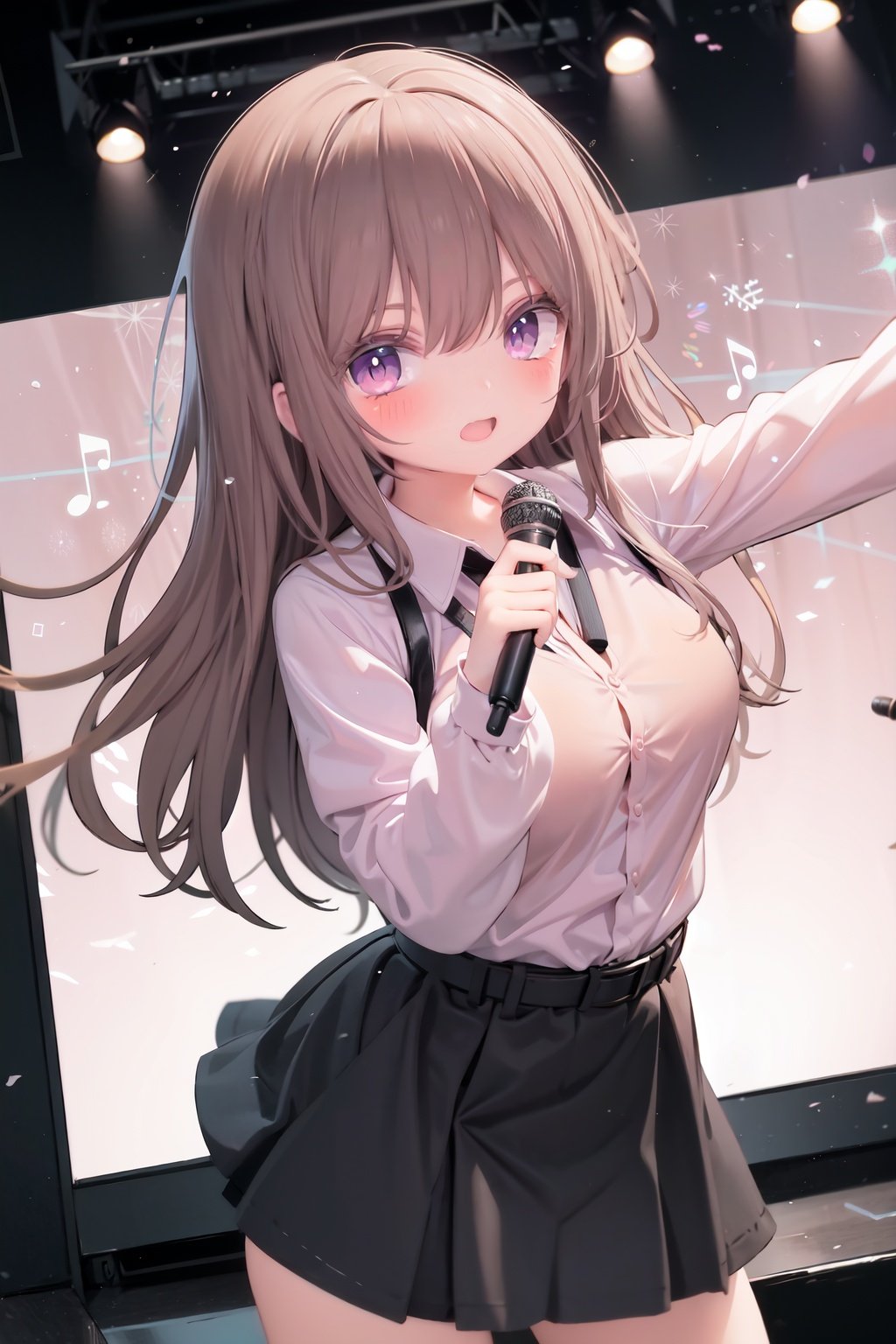  1girl, solo, microphone, smile, skirt, blush, brown eyes, long hair, open mouth, looking at viewer, brown hair, long sleeves, :d, shirt, bangs, belt, breasts, pink shirt, outstretched arm, music, black belt, medium breasts, holding microphone, singing