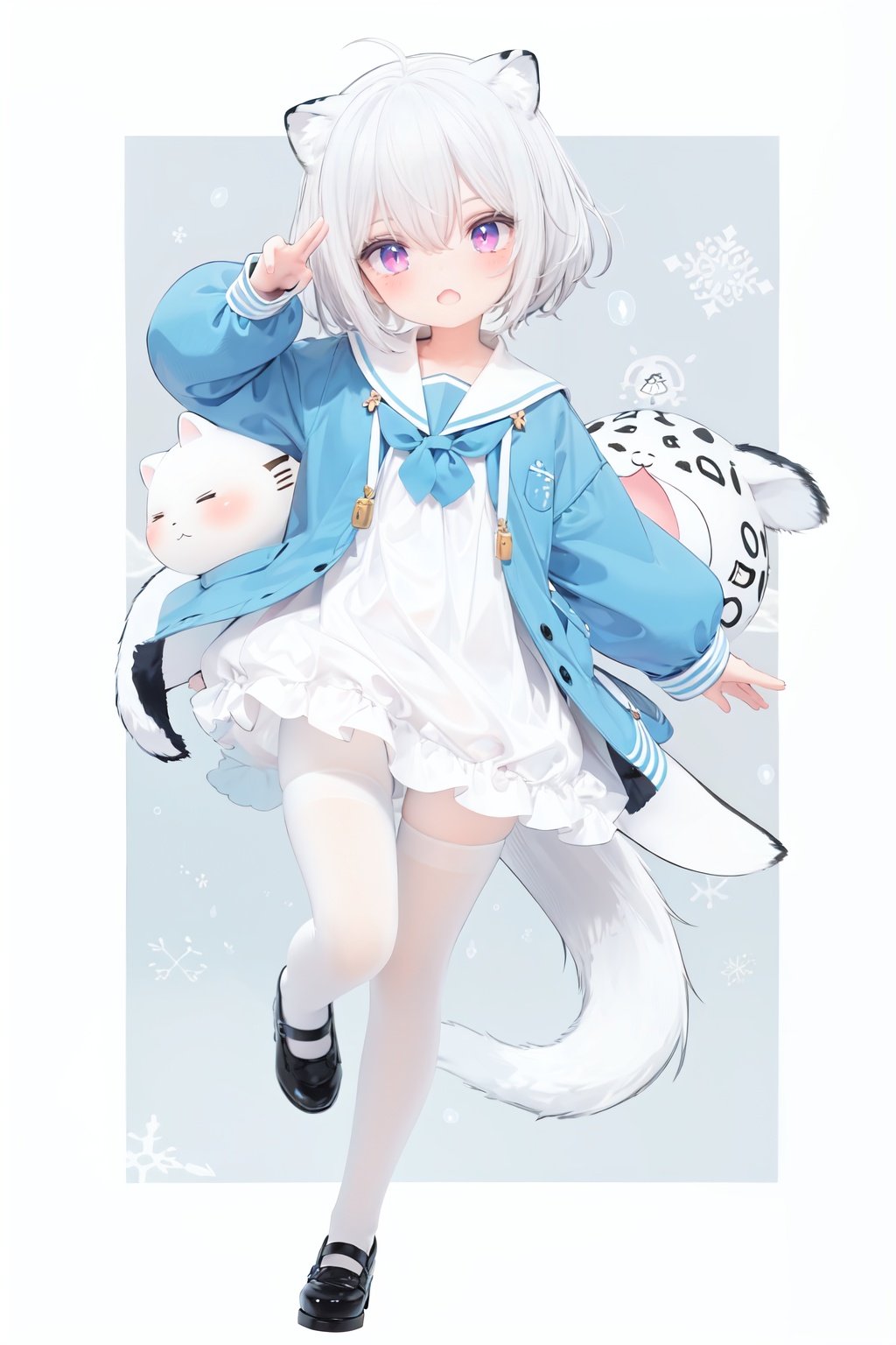  cute,Infant,solo blue shirt,blue sailor coat,loli,full body,white hair,snow leopard ear,white background,pink eyes,laugh,happy,white pantihose,white pantyhose,red armband,