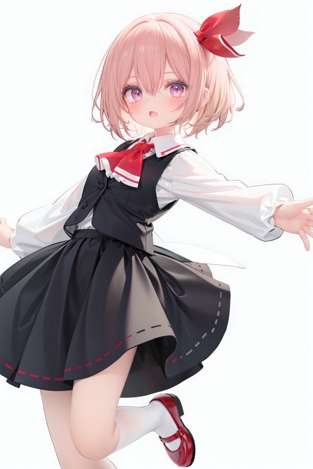  1girl, rumia, blonde hair, solo, white background, red eyes, red footwear, simple background, ascot, short hair, ribbon, open mouth, hair ribbon, smile, long sleeves, shirt, looking at viewer, red ascot, white socks, white shirt, red ribbon, shoes, socks, frills, bangs, outstretched arms, hair between eyes, skirt, :d, dress, vest, mary janes, black dress, black skirt, collared shirt, black vest, blush