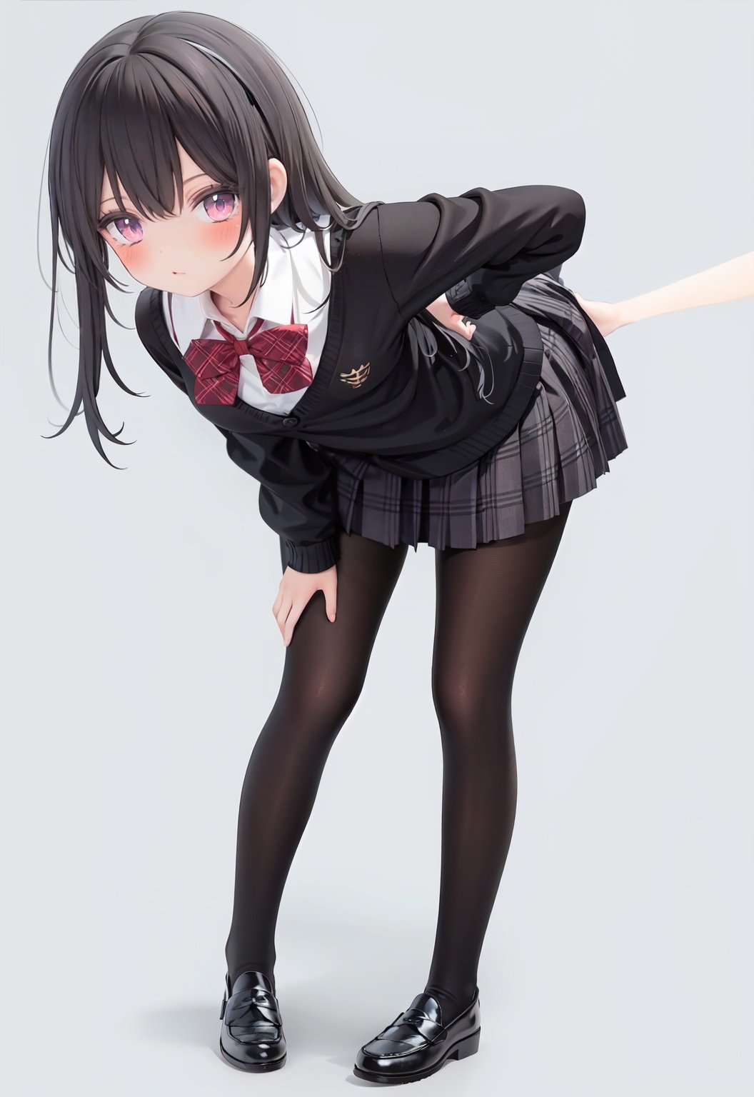  1girl, solo, pantyhose, skirt, long hair, loafers, shoes, simple background, school uniform, brown eyes, plaid, black pantyhose, plaid skirt, looking at viewer, black hair, pantyhose pull, full body, clothes pull, black footwear, pleated skirt, leaning forward, bangs, long sleeves, bent over, cardigan, bow, bowtie, standing, closed mouth, pulled by self, grey background, blush, miniskirt, red bow, sweater, undressing