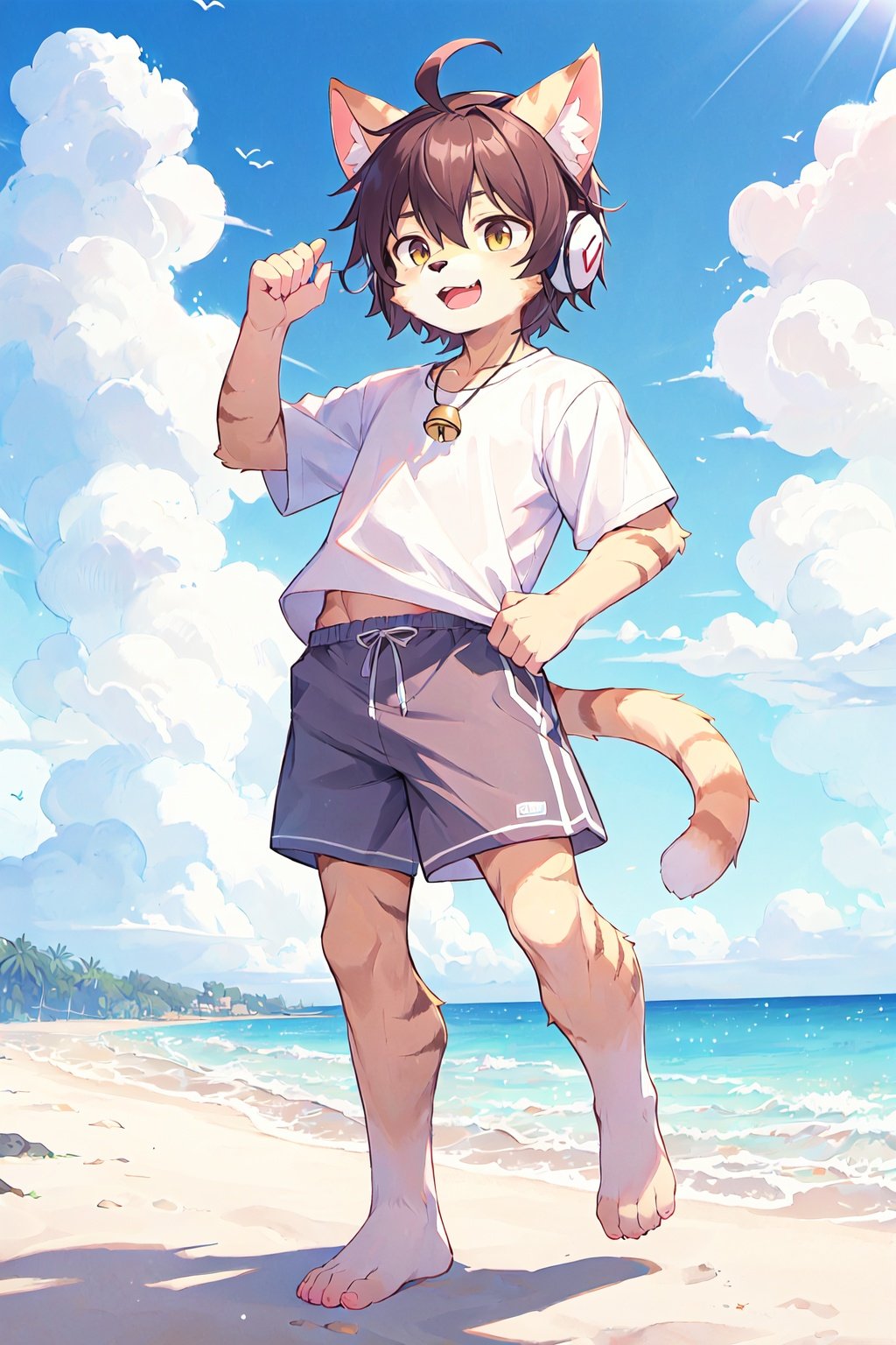 ahoge, furry, Children with bells and headphones, furry, open mouth, Big fluffy tail, An eight-year-old boy, Not a spot on the whole body, Yellow cat ears and brown antlers, Gray shorts, White shirt, The size of the cat, Juvenile, Skinny body type, 1boy, cat boy, furry, cub, ultra cute face, full body, perfect lighting, masterpiece, ultra detailed, White clothes,  ultra detailed fur, Beach, outside, The blue sky and white clouds, Alone,barefoot,furry