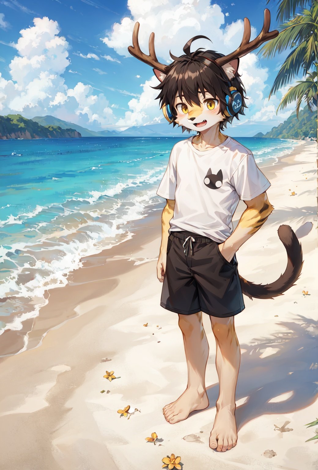 ahoge, furry, Children with bells and headphones, furry, open mouth, Big fluffy tail, An eight-year-old boy, Not a spot on the whole body, Yellow cat ears and brown antlers, Gray shorts, White shirt, The size of the cat, Juvenile, Skinny body type, 1boy, cat boy, furry, cub, ultra cute face, full body, perfect lighting, masterpiece, ultra detailed, White clothes,  ultra detailed fur, Beach, outside, The blue sky and white clouds, Alone,barefoot